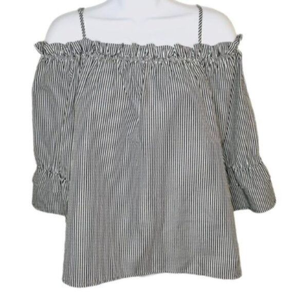 Lily White Off Shoulder Ruffle Top Grey Stripe M - Picture 1 of 9
